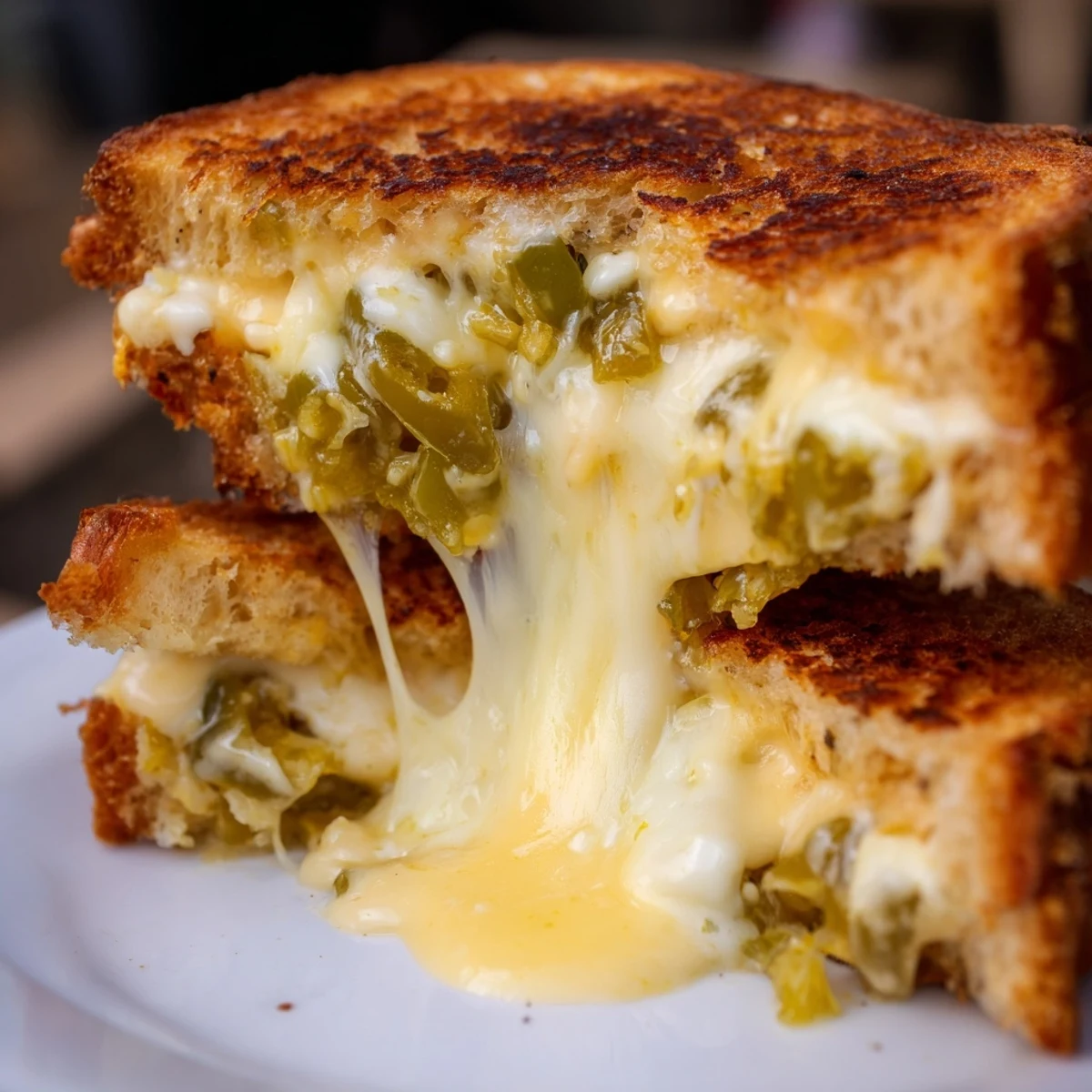 Golden-brown Jalapeño Pepper Jack Grilled Cheese slices, with melted cheese and pickled jalapeños visible, served on a rustic wooden board.