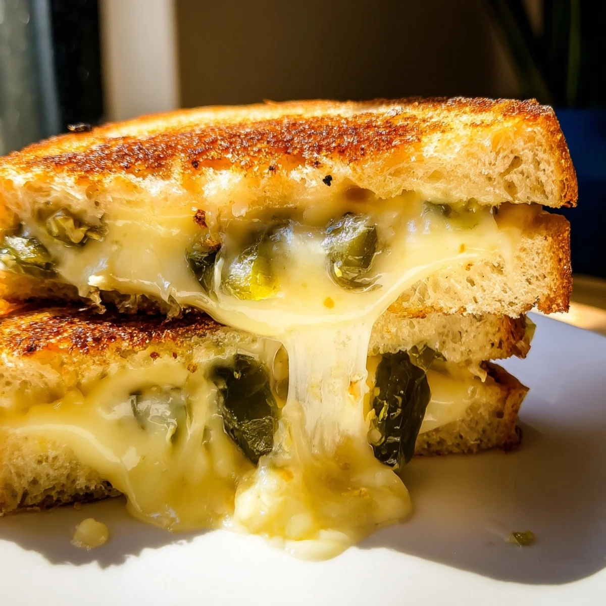 Melty Jalapeño Pepper Jack Grilled Cheese on sourdough bread, showcasing creamy texture and spicy peppers, ready to be enjoyed hot.