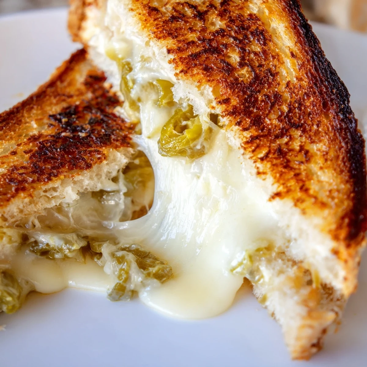 Close-up of Jalapeño Pepper Jack Grilled Cheese with gooey melted pepper jack and chopped jalapeños, perfect for a quick snack.