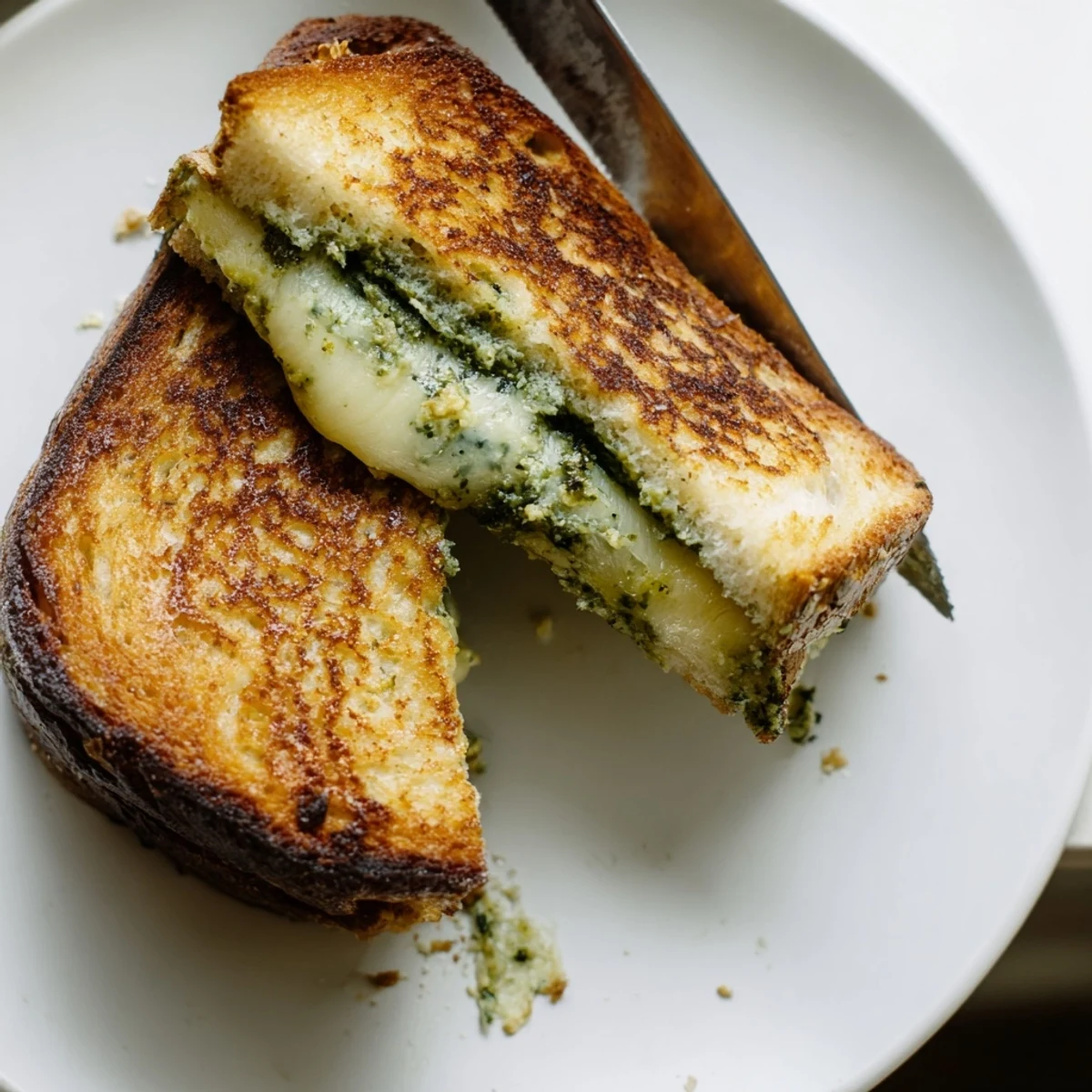Crusty sourdough bread layered with basil pesto and three cheeses, grilled to perfection on a stovetop skillet.