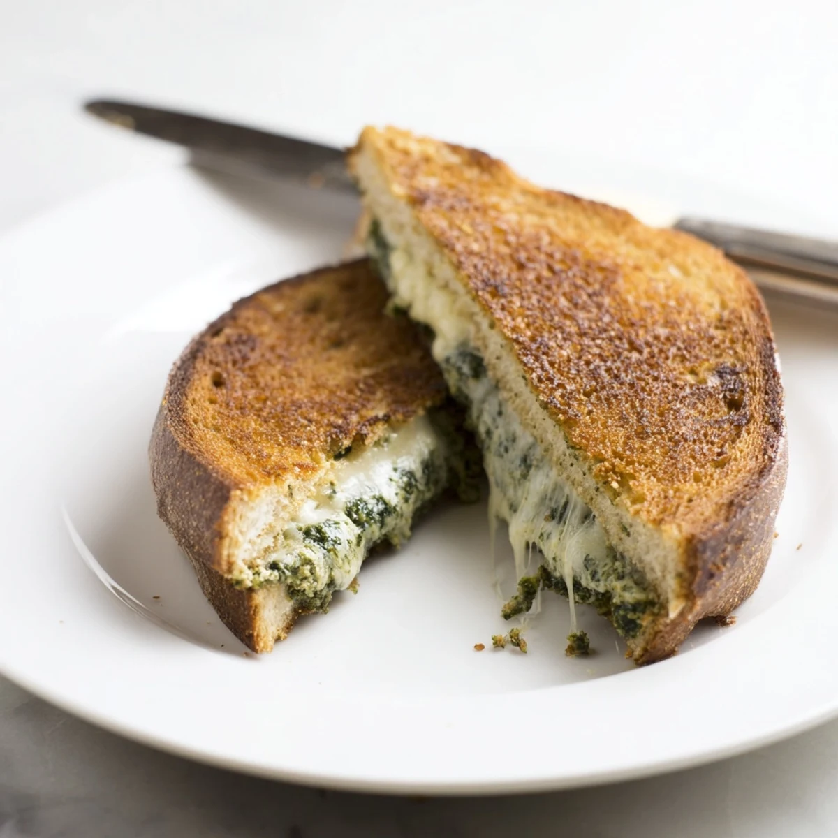 A close-up of grilled sourdough pesto sandwich with melted cheese oozing from the sides, served beside a bowl of tomato soup.  