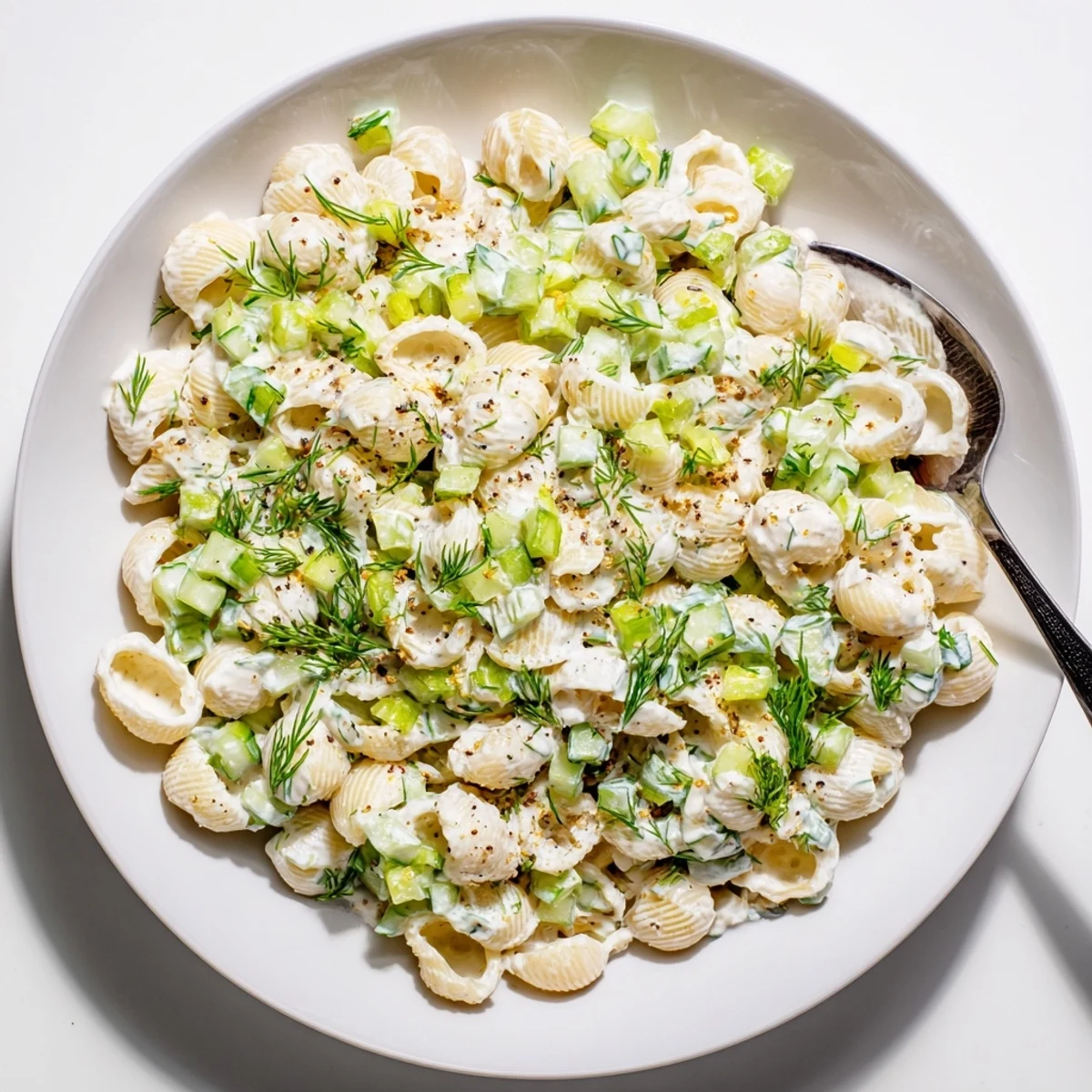 Bright green cucumbers and tender pasta shells are tossed in a tangy sour cream dressing, garnished with dill and everything seasoning.