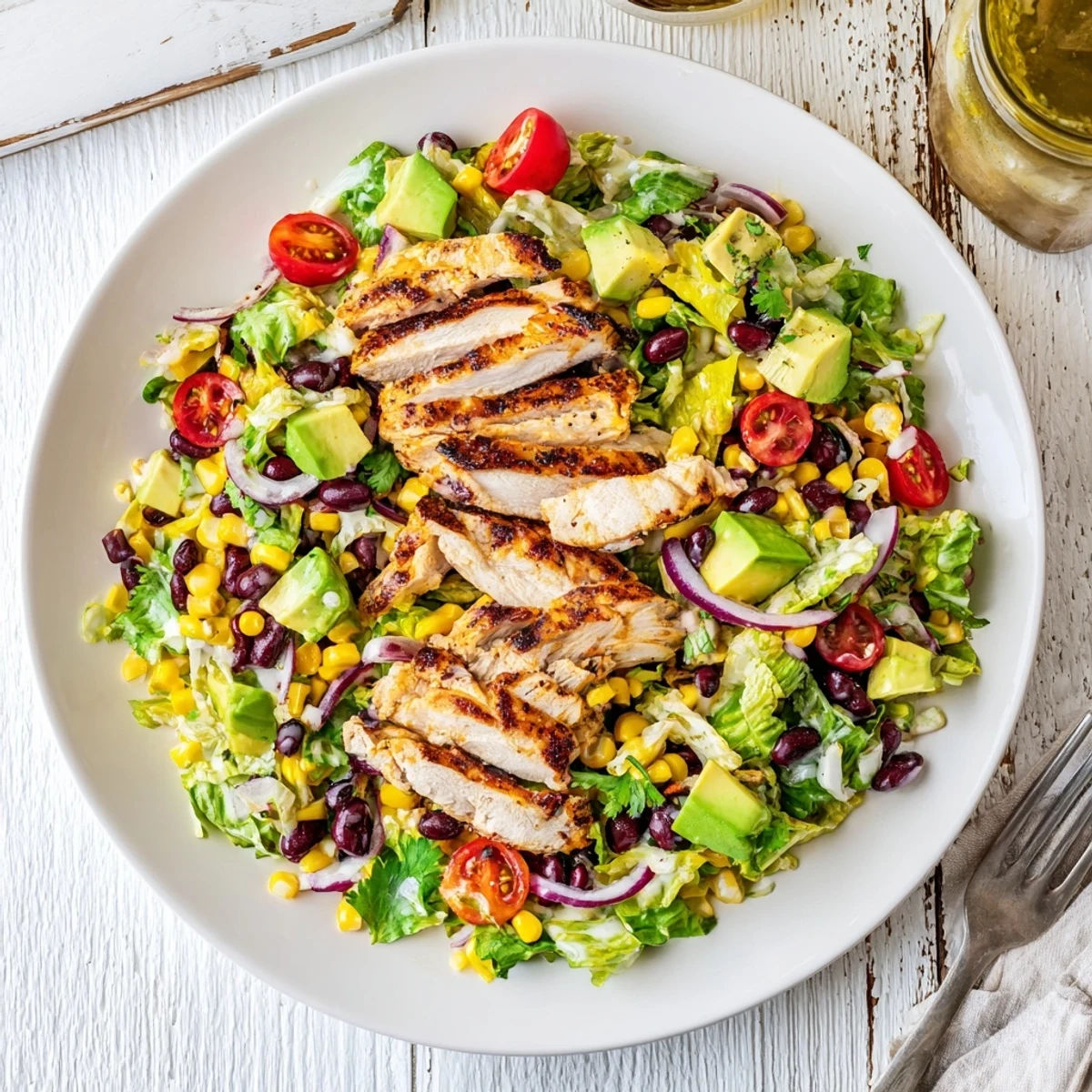 Grilled honey lime chicken slices sit atop romaine lettuce with corn, black beans, and diced avocado for a vibrant taco salad.  