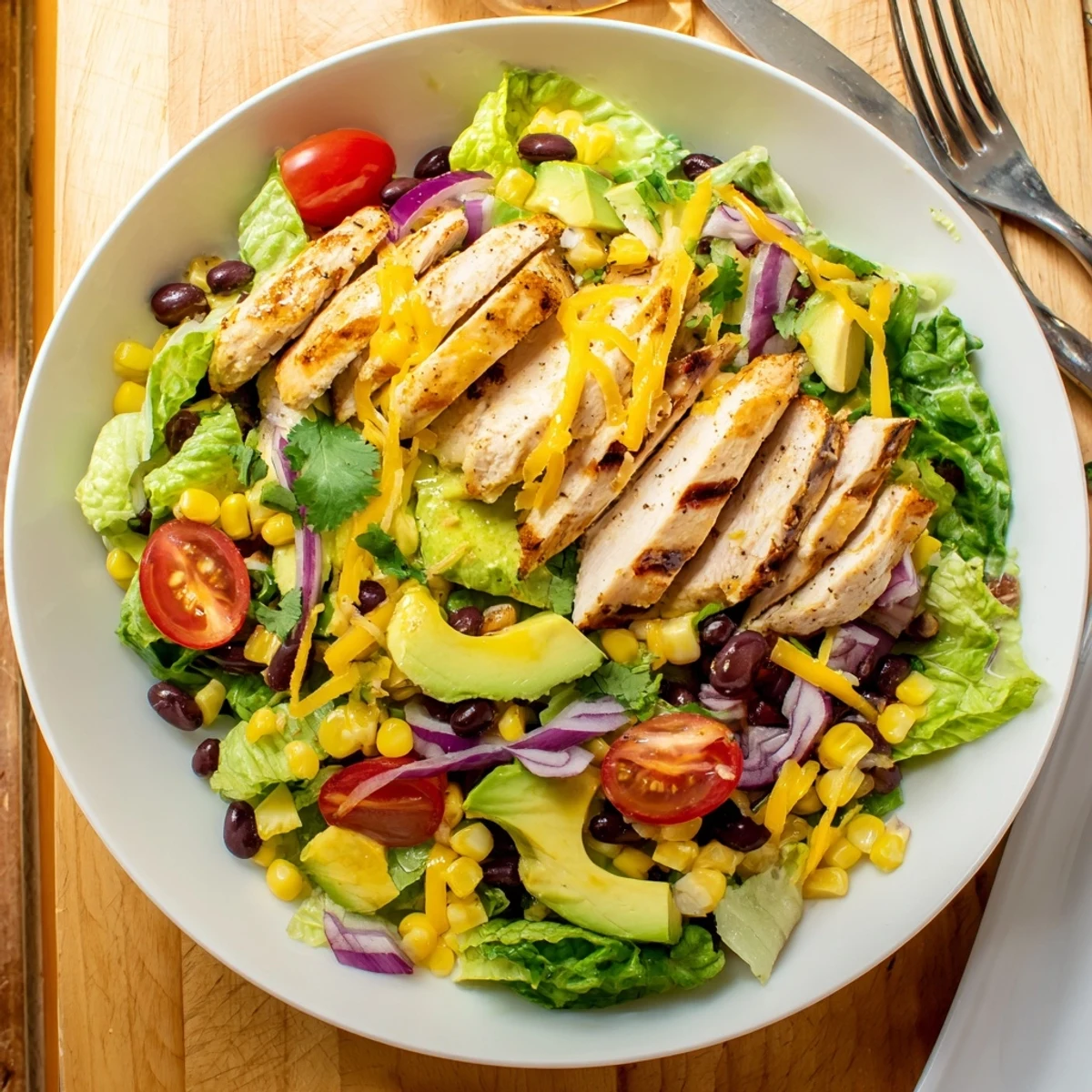 A plated honey lime chicken taco salad features juicy grilled chicken, corn, black beans, and a light lime dressing.