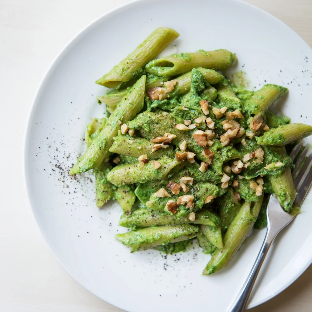 A white ceramic bowl of creamy spinach walnut pasta, steam rising from the velvety green sauce, with fresh spinach leaves and chopped walnuts nearby.