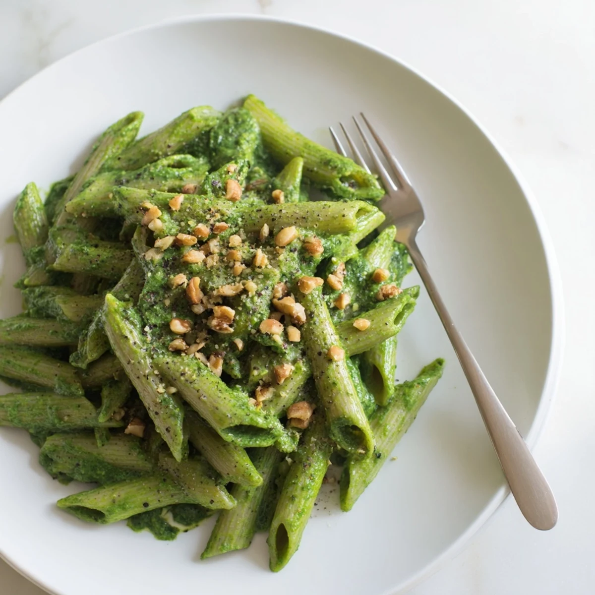 Overhead shot of creamy spinach walnut pasta tossed with penne, olive oil drizzle, and black pepper, served on a marble counter for a weeknight dinner.