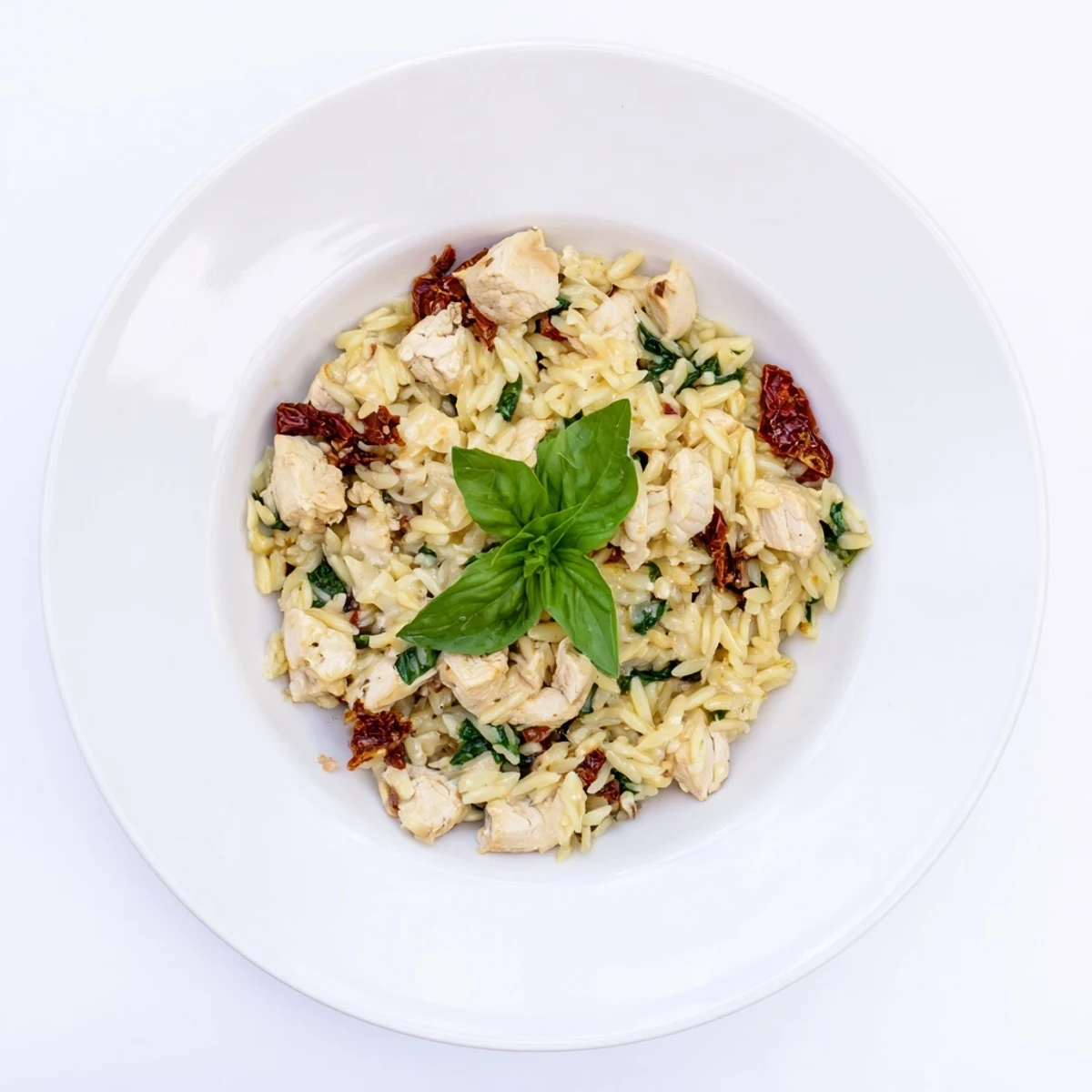 Savory Tuscan Chicken Orzo in a rich cream sauce, garnished with basil and ready to serve alongside crusty bread.