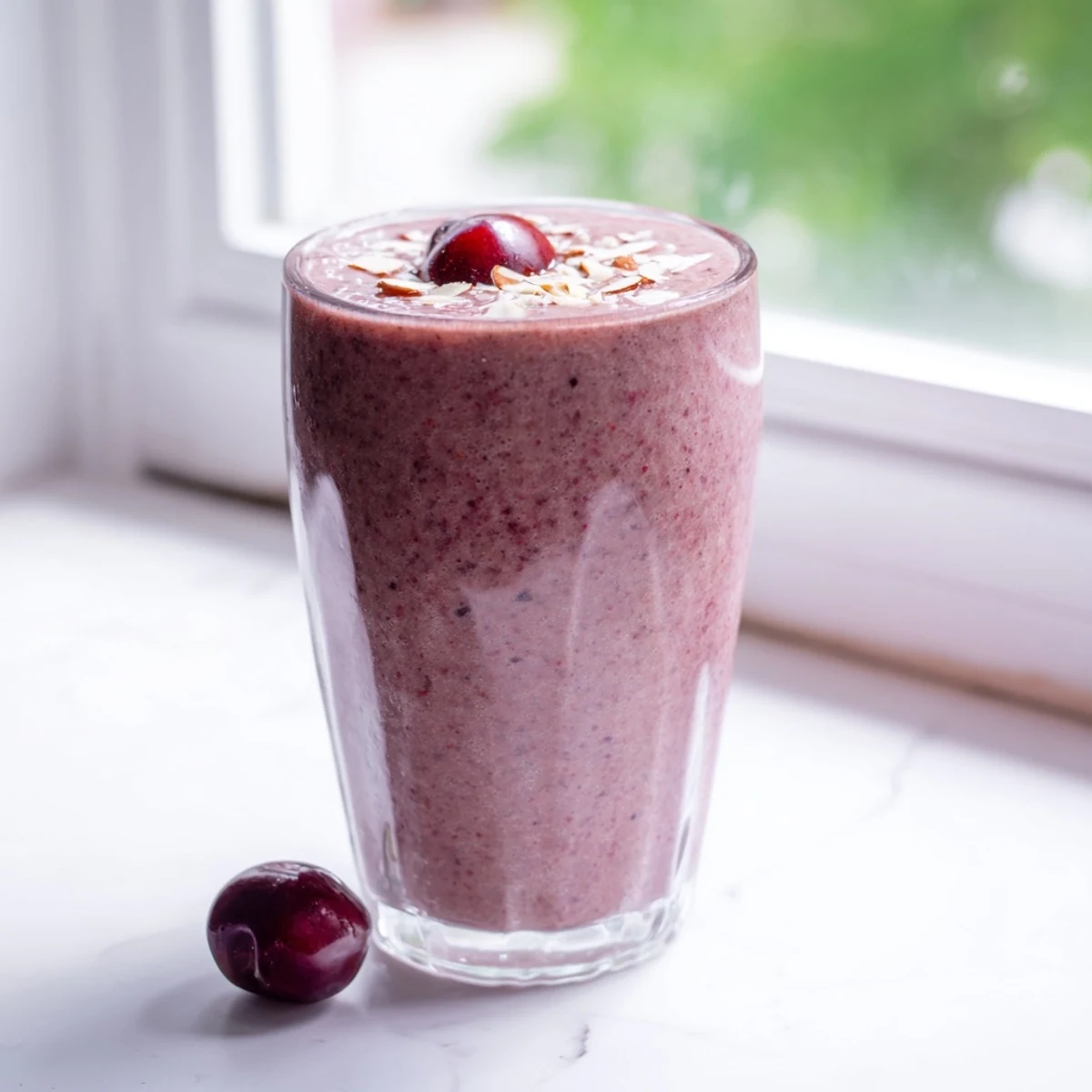 Two servings of cherry almond smoothie on a wooden table, garnished with cherries and almonds, ready for a nutritious drink.