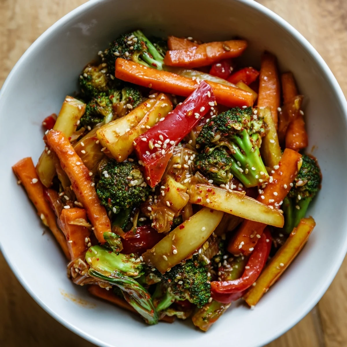 Crisp broccoli and roasted sweet potato in the Comforting Fermented Veggie Winter Stir-Fry.