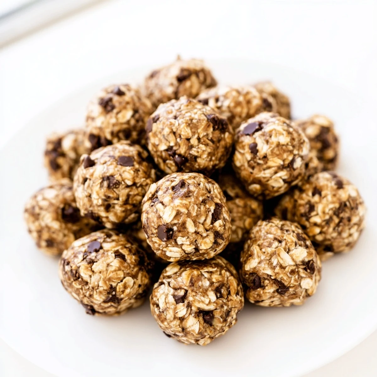 Homemade banana chocolate chip energy balls arranged on parchment paper, featuring a rustic look with chunky chocolate chips and oats.