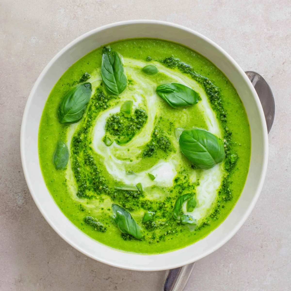 A vibrant bowl of Courgette, Pea and Pesto Soup garnished with fresh basil and a swirl of creamy sauce.