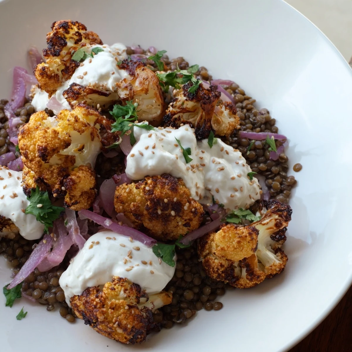 Golden roasted cauliflower florets sit atop a bed of zesty lemon lentil salad, ready for a drizzle of creamy cumin tahini yogurt.