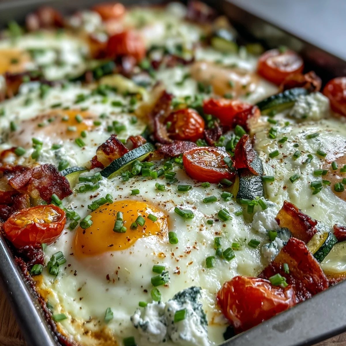 Golden sheet pan eggs with colorful veggies and creamy cottage cheese, ideal for healthy breakfasts.