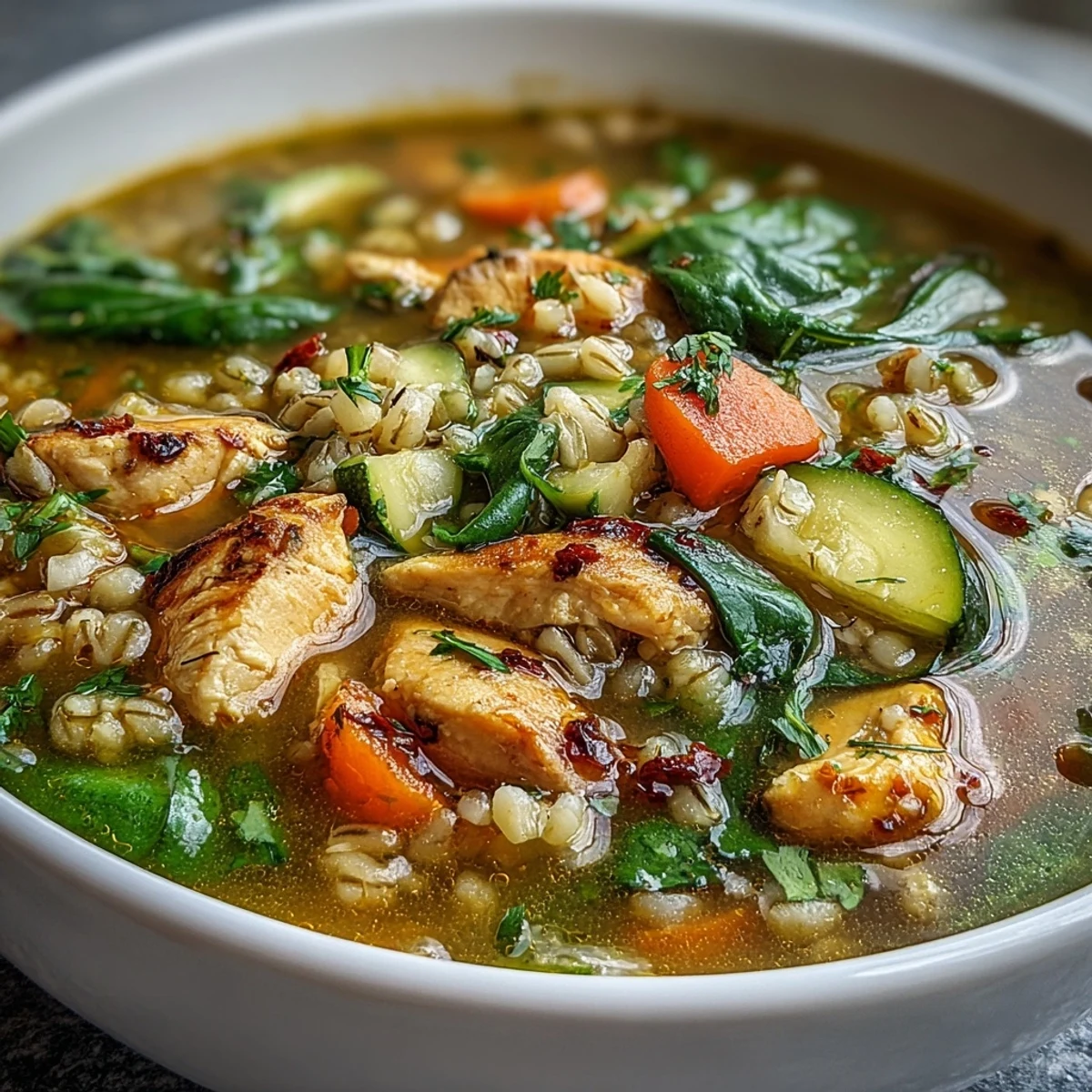 Comforting Soothing Turmeric Chicken With Pearl Barley, steaming hot with fluffy barley.