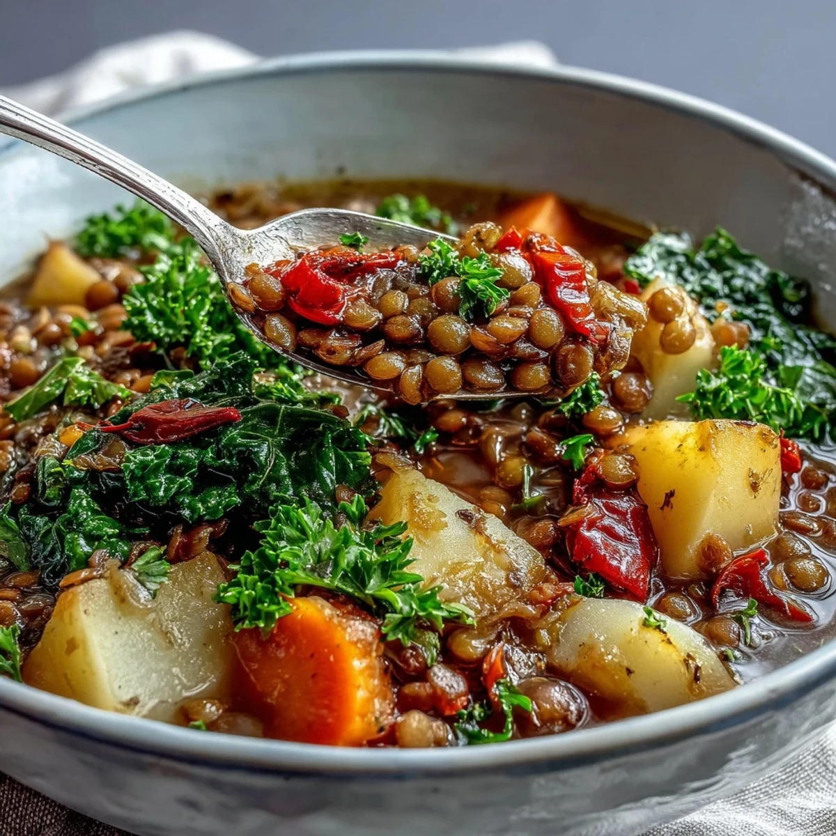 Hearty vegetarian lentil stew, brimming with tender vegetables and seasoned perfectly for comfort.