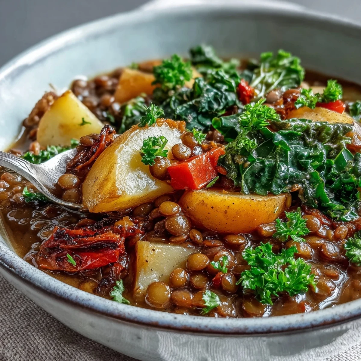 A vibrant bowl of vegetarian lentil stew, topped with fresh parsley, ready to serve.