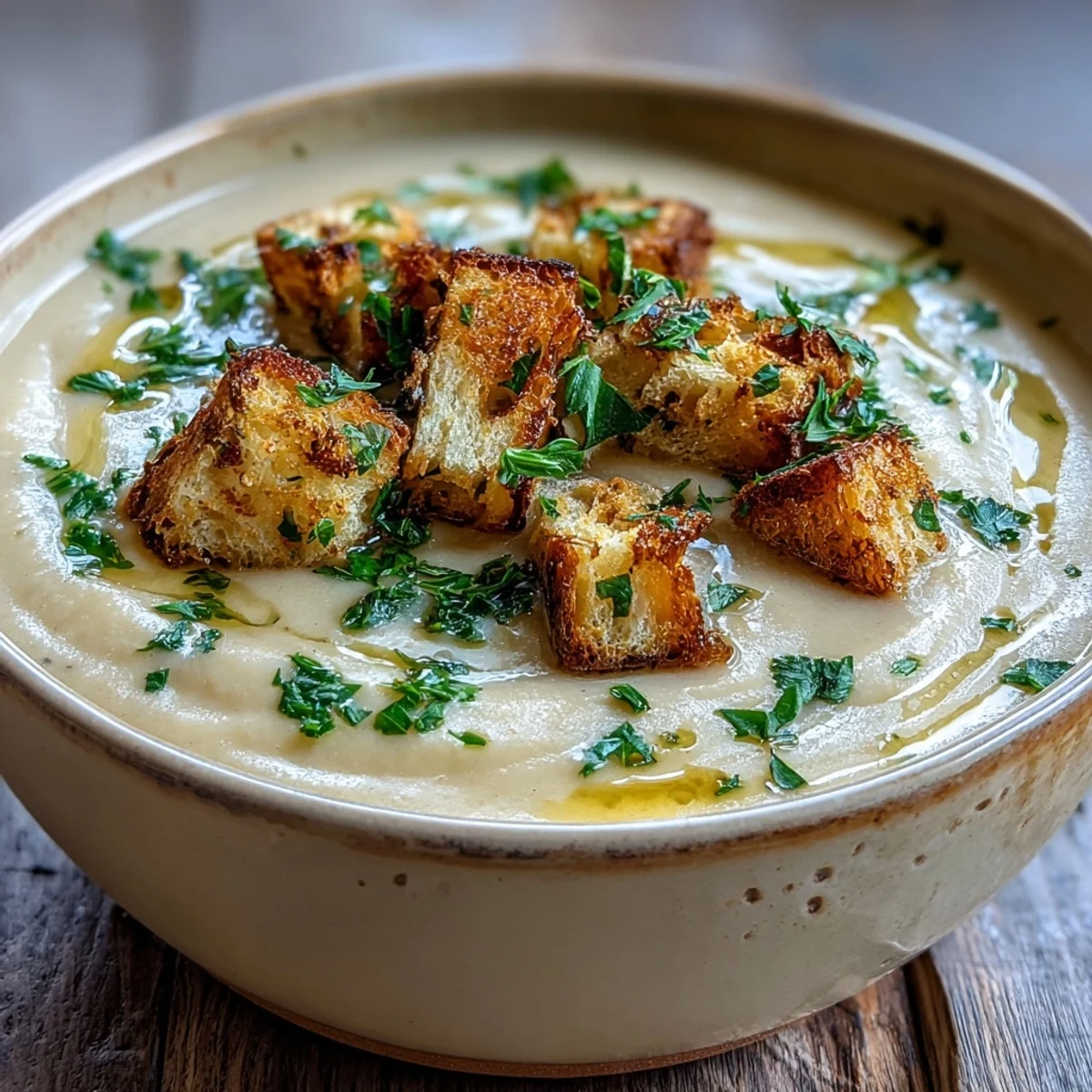 Creamy Roasted Garlic Soup, warm and comforting, garnished with fresh parsley.