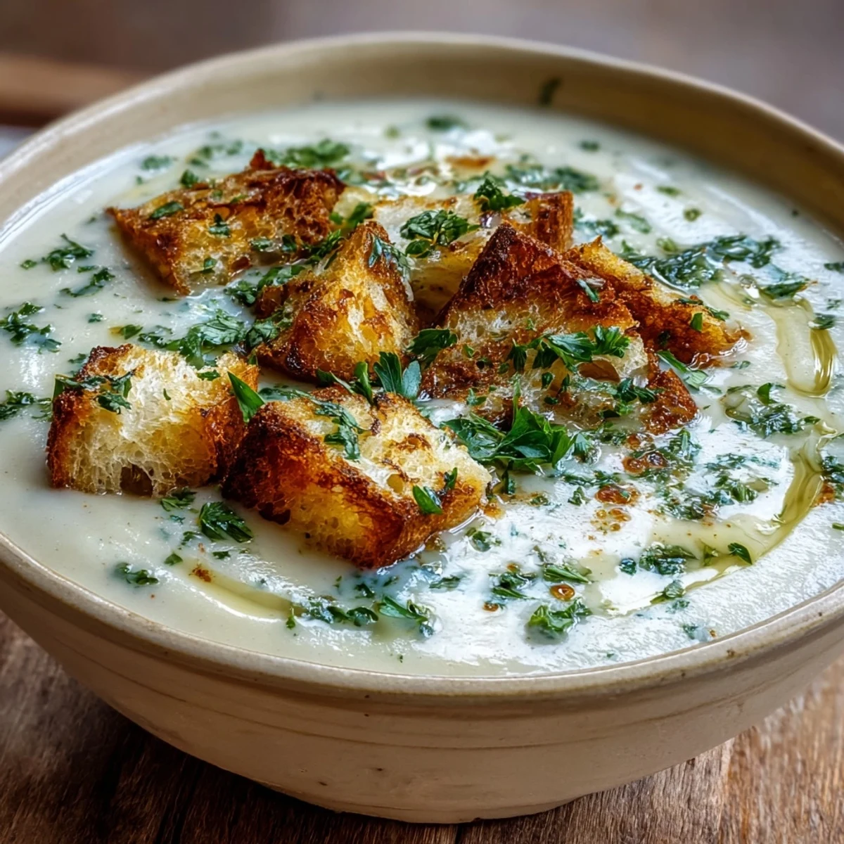 Velvety Roasted Garlic Soup, rich with slow-cooked garlic, perfect for a cozy evening.