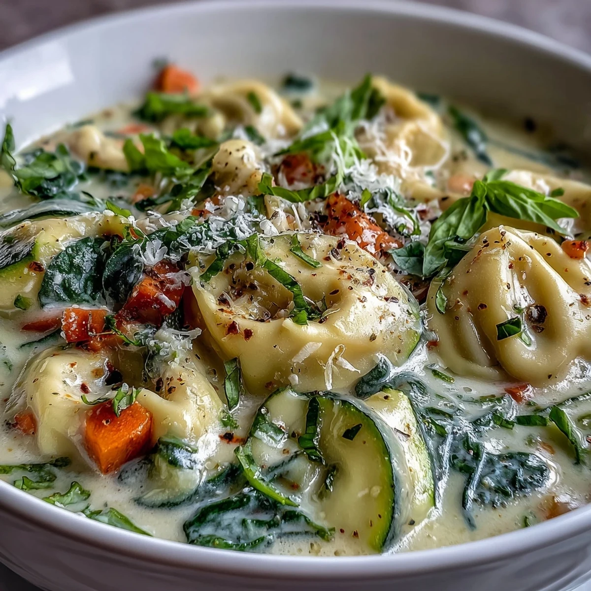 Hearty Creamy Vegetable Tortellini Soup, a vibrant dish topped with Parmesan.