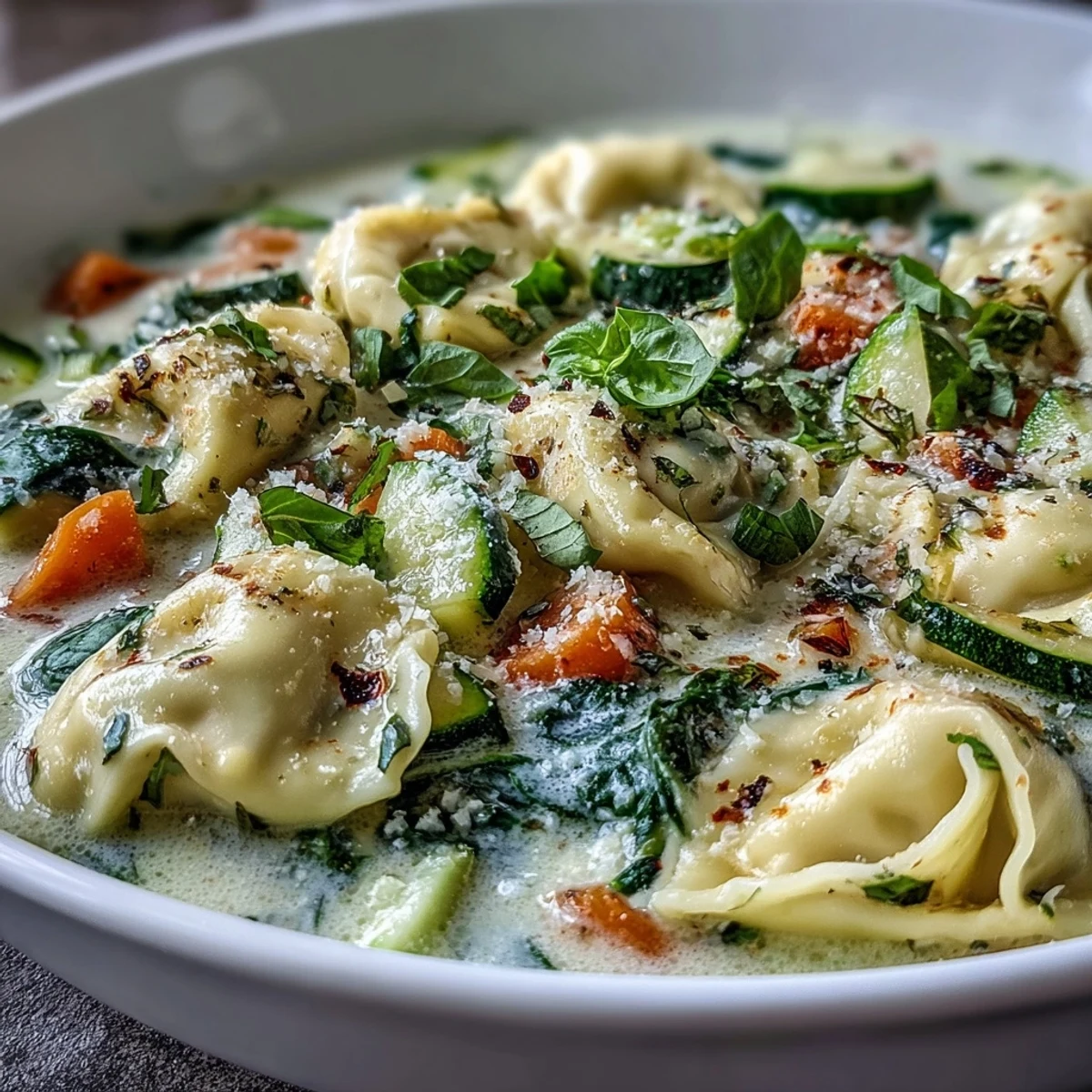 Comforting Creamy Vegetable Tortellini Soup, perfect for a cozy weeknight dinner.