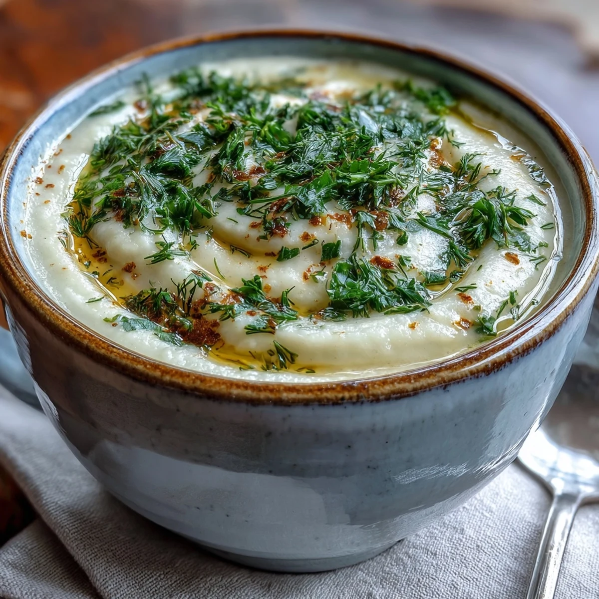 Creamy parsnip and herb soup garniished with fresh parsley and chives.