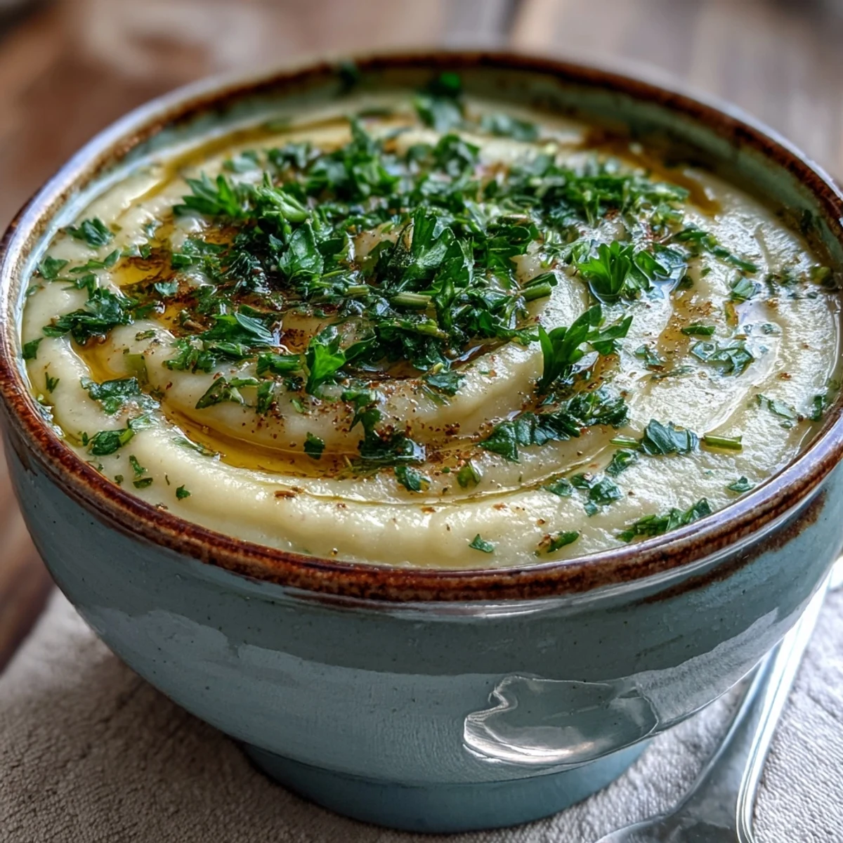 Warming parsnip and herb soup, a delicious starter with vibrant green herbs.