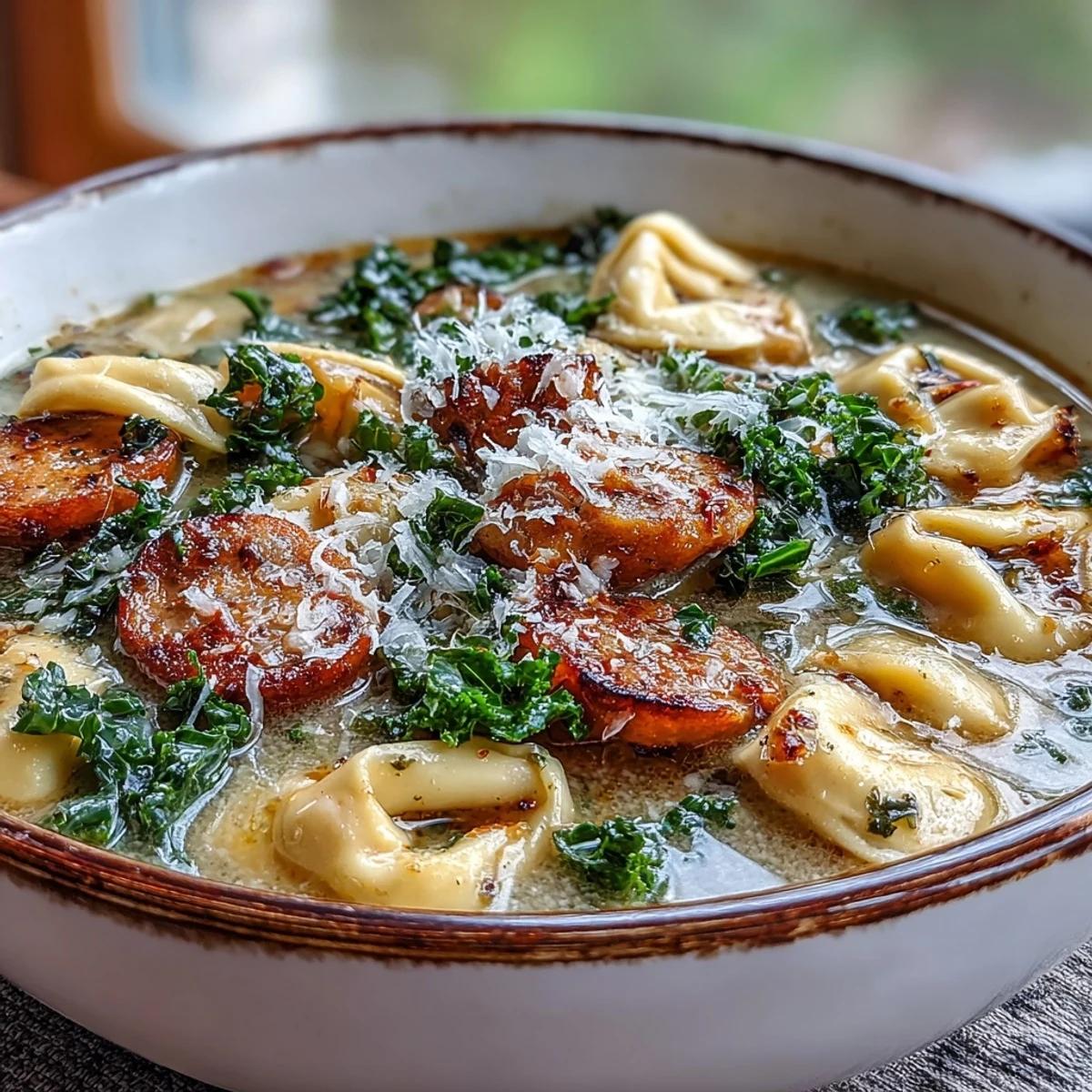 Creamy pumpkin tortellini soup with chicken sausage, served steaming hot in a bowl.