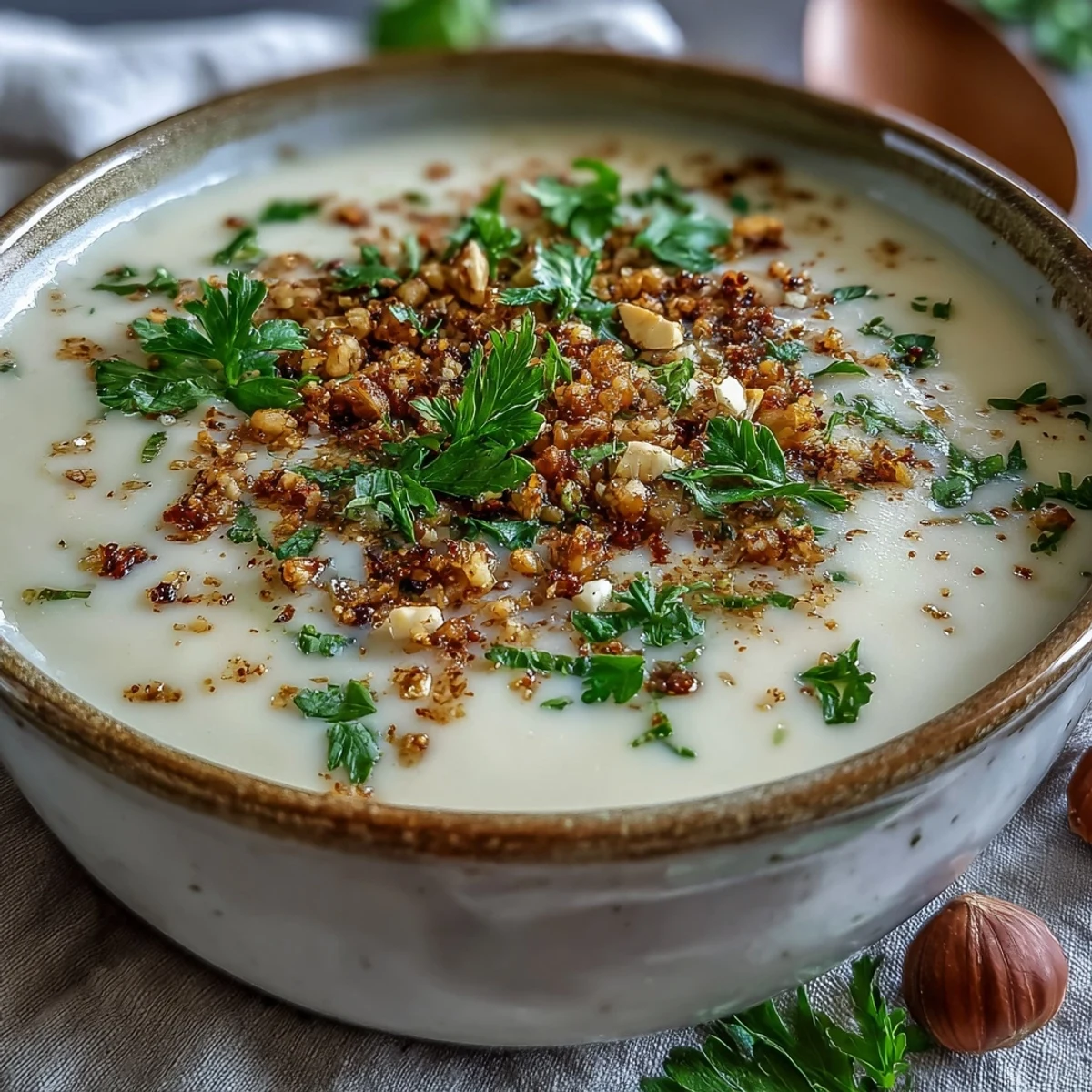 Creamy celeriac soup topped with crunchy hazelnut crumble, a comforting, textural delight.