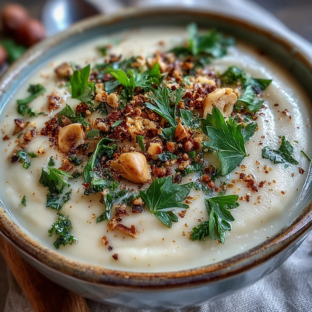Silky smooth celeriac soup, artfully garnished with toasted hazelnuts and fresh parsley.