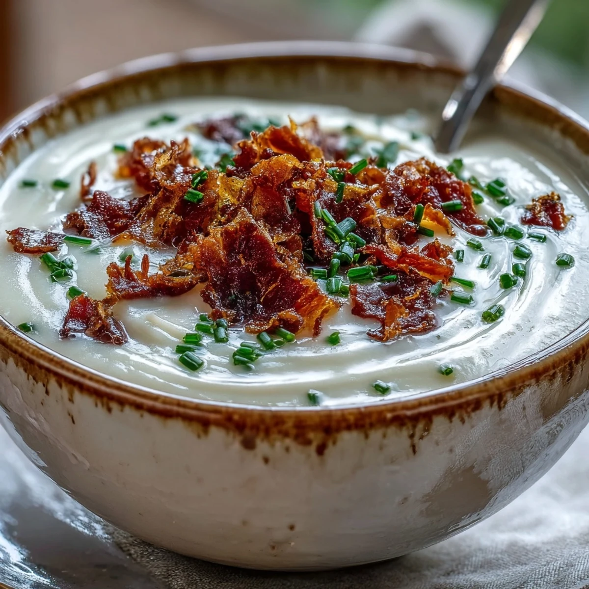 Creamy Celeriac Soup with Crispy Bacon, a velvety dish, ready to be enjoyed.