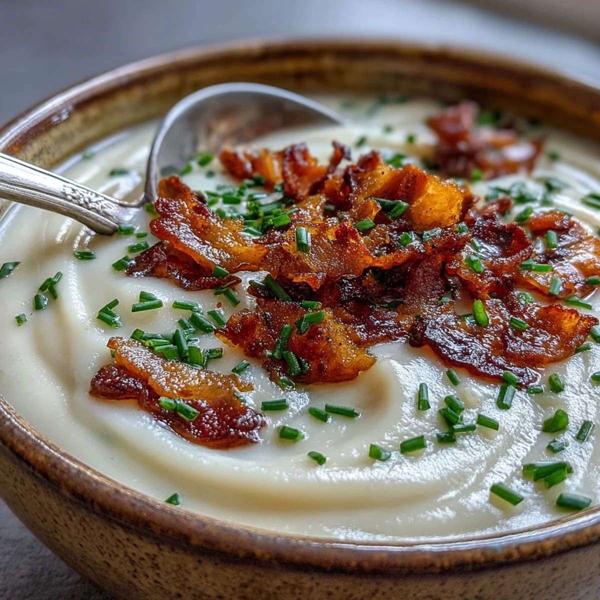 Savor this Creamy Celeriac Soup with Crispy Bacon, a comforting bowl.