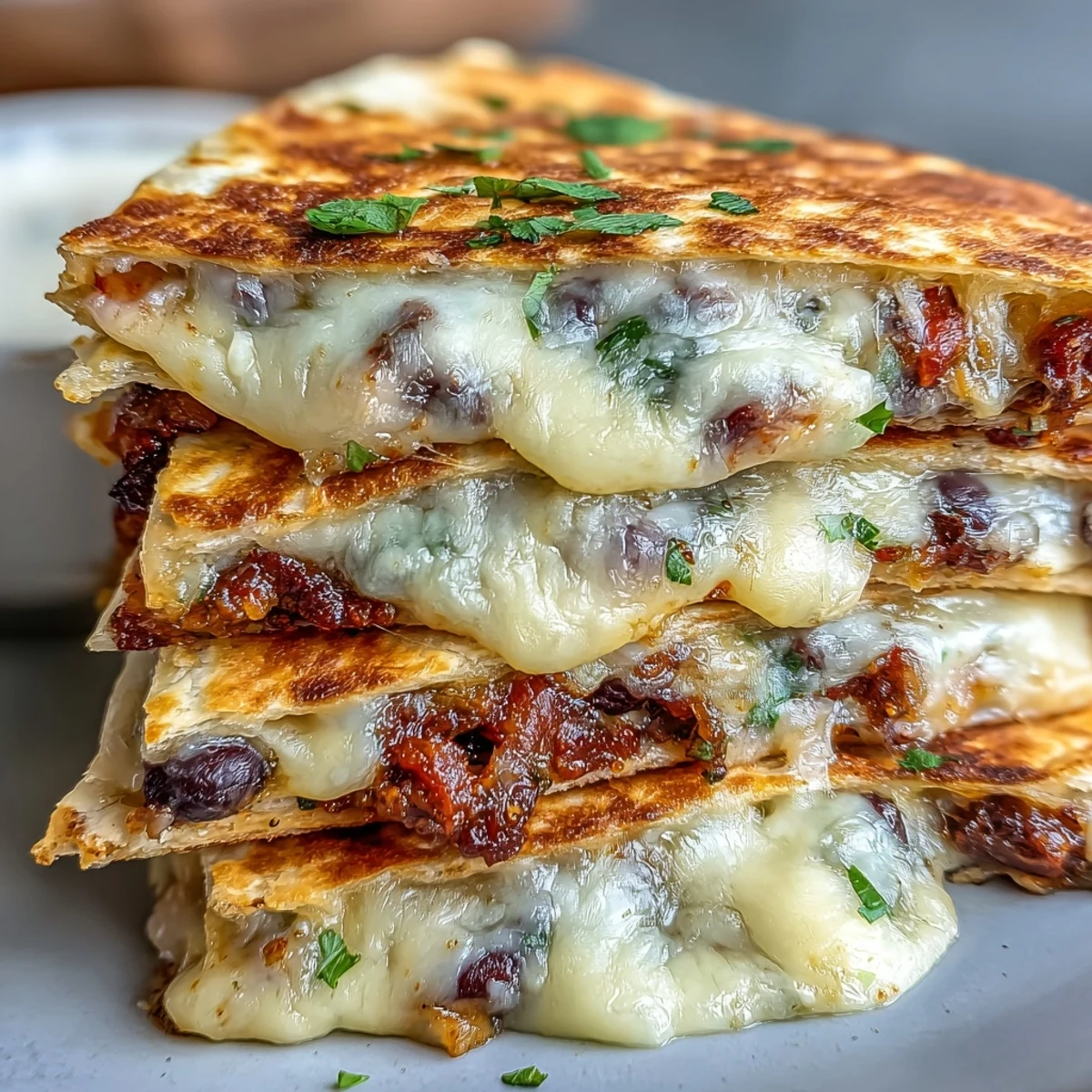 A delicious Blooming Quesadilla Ring garnished with cilantro, ready to dip in salsa and sour cream.