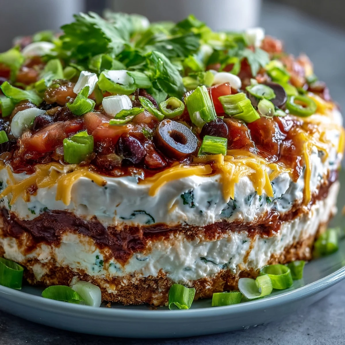 Freshly made 4-Way Layered Dip with beans, sour cream, salsa, and melted cheddar, served with crispy tortilla chips.