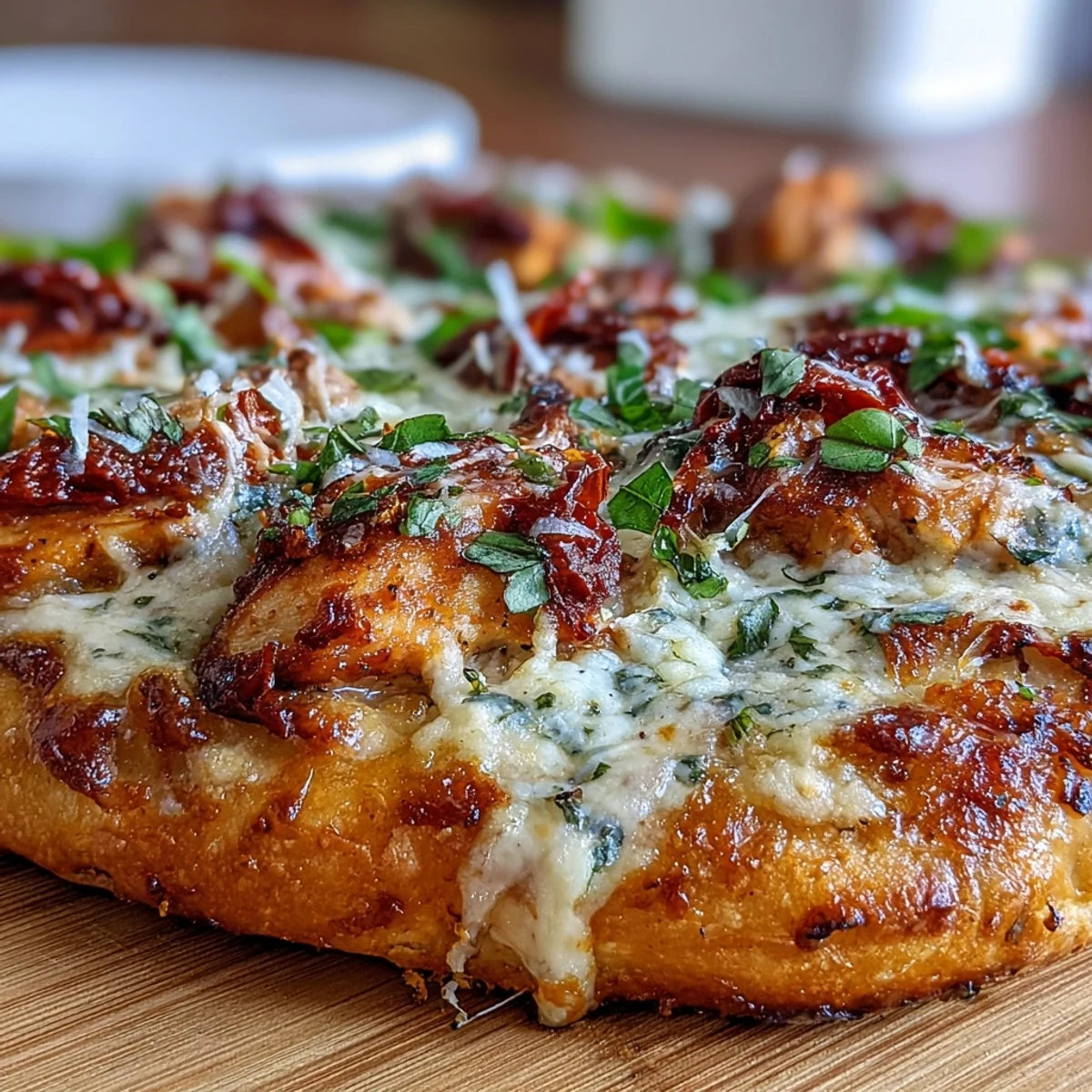 Golden, crispy Marry Me Chicken Pizza topped with creamy chicken, sun-dried tomatoes, and fresh basil leaves.