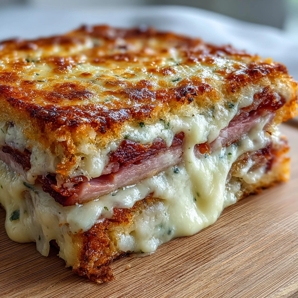 Golden, bubbling Croque Monsieur Casserole fresh from the oven, layered with ham and Gruyère.