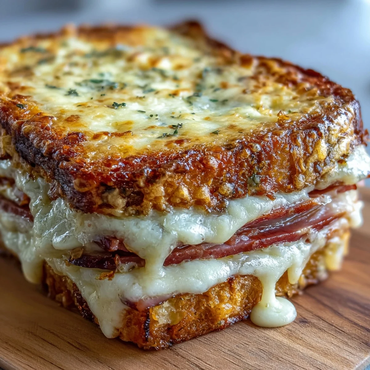 Serving suggestion for Croque Monsieur Casserole with a fresh green salad and Dijon mustard.