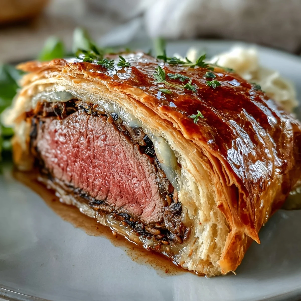 Golden, flaky puff pastry encasing a perfectly seared Beef Wellington, brushed with rich egg wash before baking.