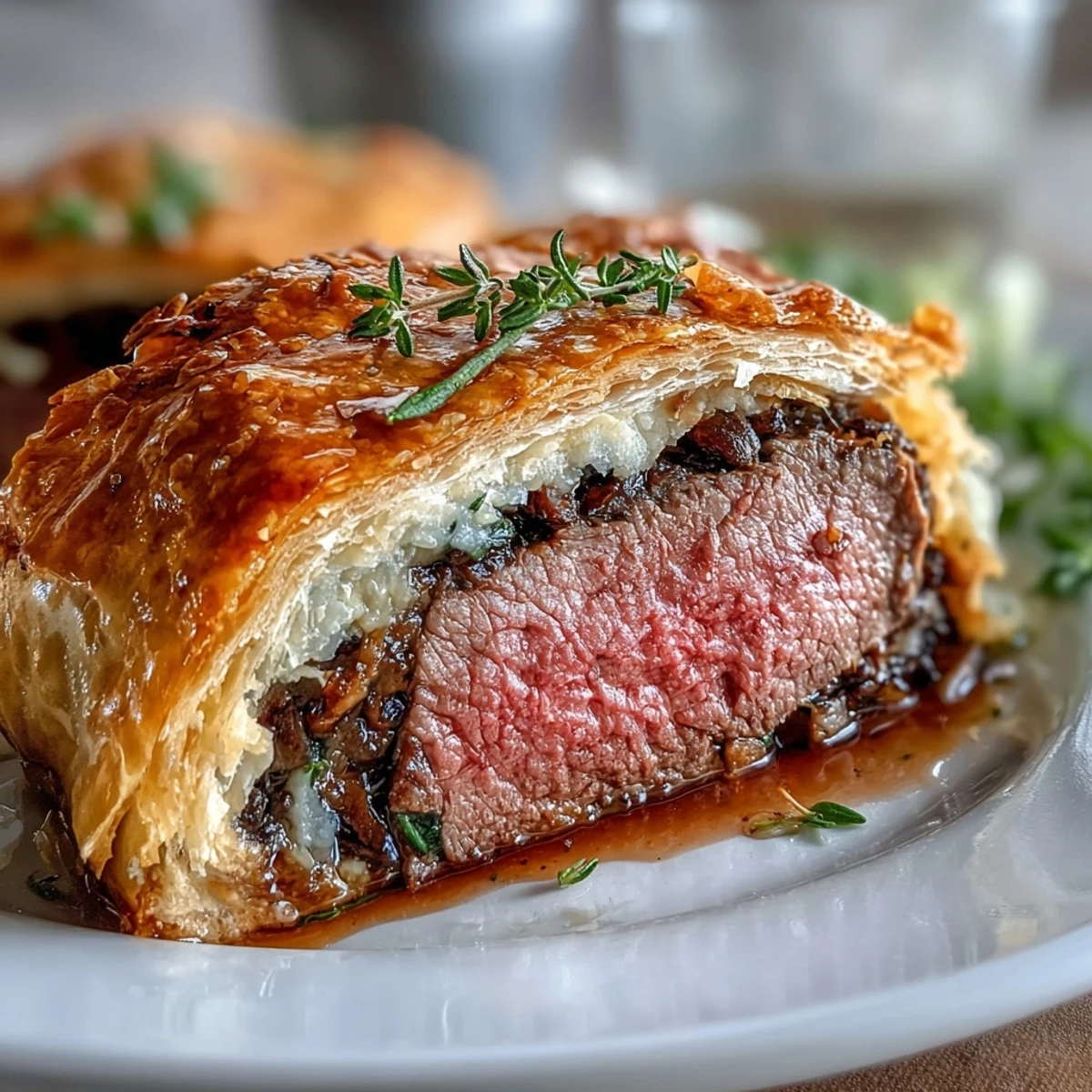 Freshly baked Beef Wellington reveals juicy beef fillet, mushroom duxelles, and prosciutto layers after slicing.