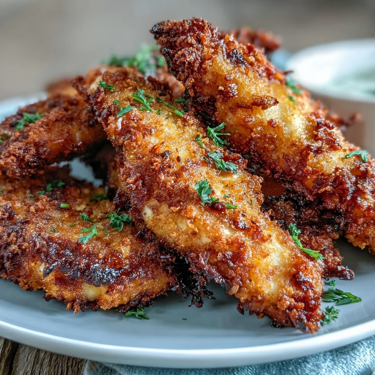Crispy Turmeric Chicken Tenders stacked high on a plate, golden brown with visible spice flecks, served beside a creamy dipping sauce.