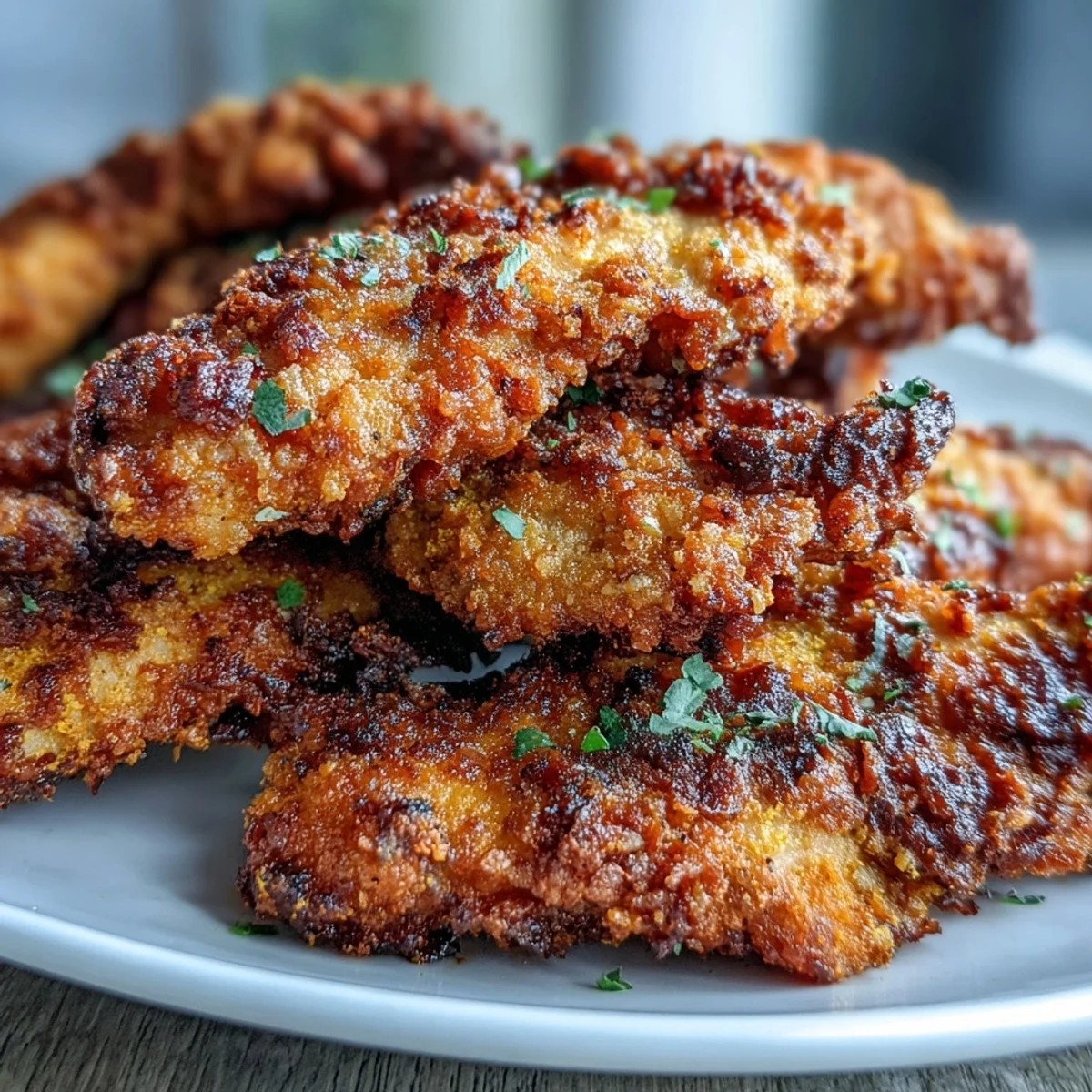 Perfectly golden Crispy Turmeric Chicken Tenders on a rustic wooden board, garnished with fresh parsley and ready for a quick dinner.