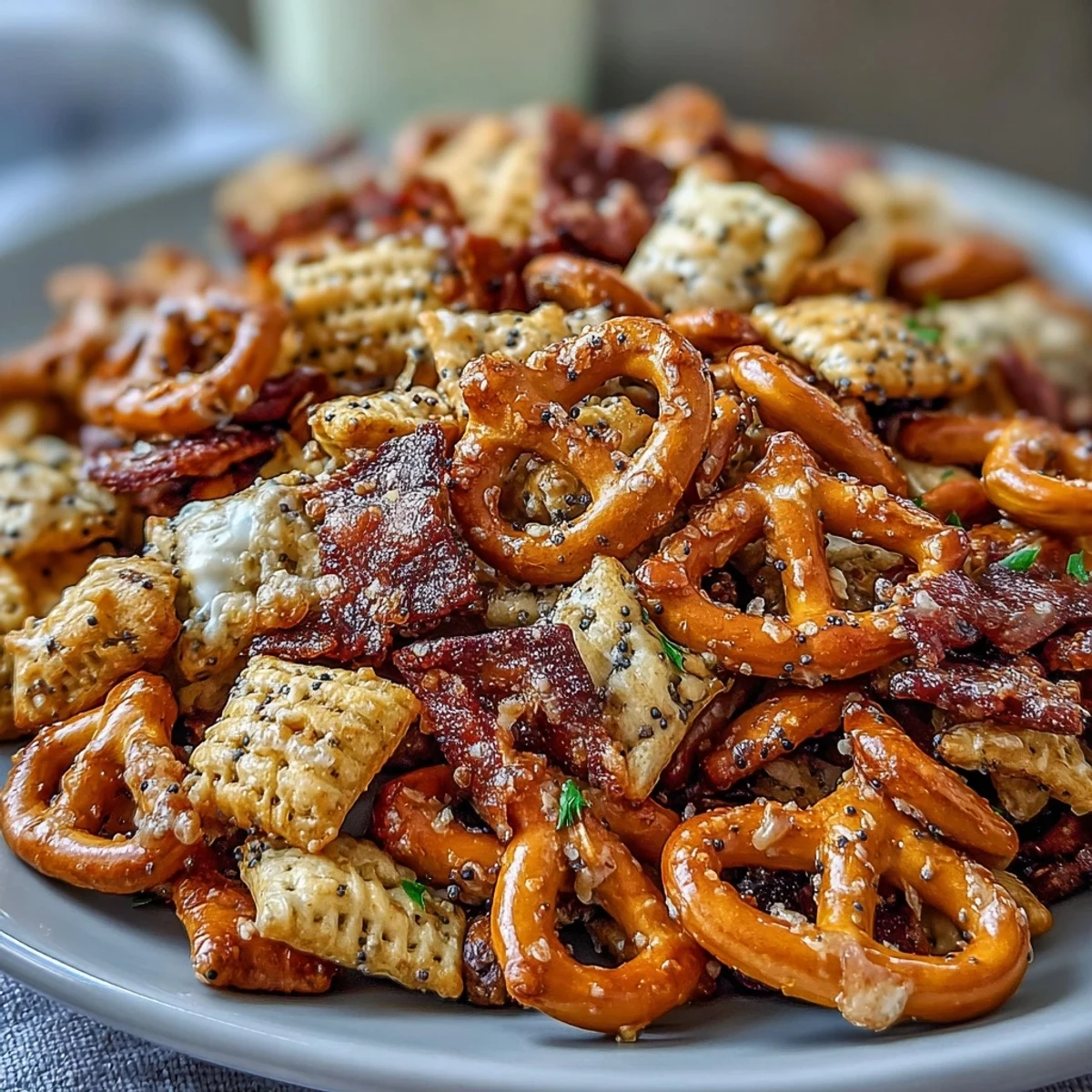 Golden-brown Everything Ranch Cheese and Pretzel Snack Mix, freshly baked on a parchment-lined tray and ready for party serving.