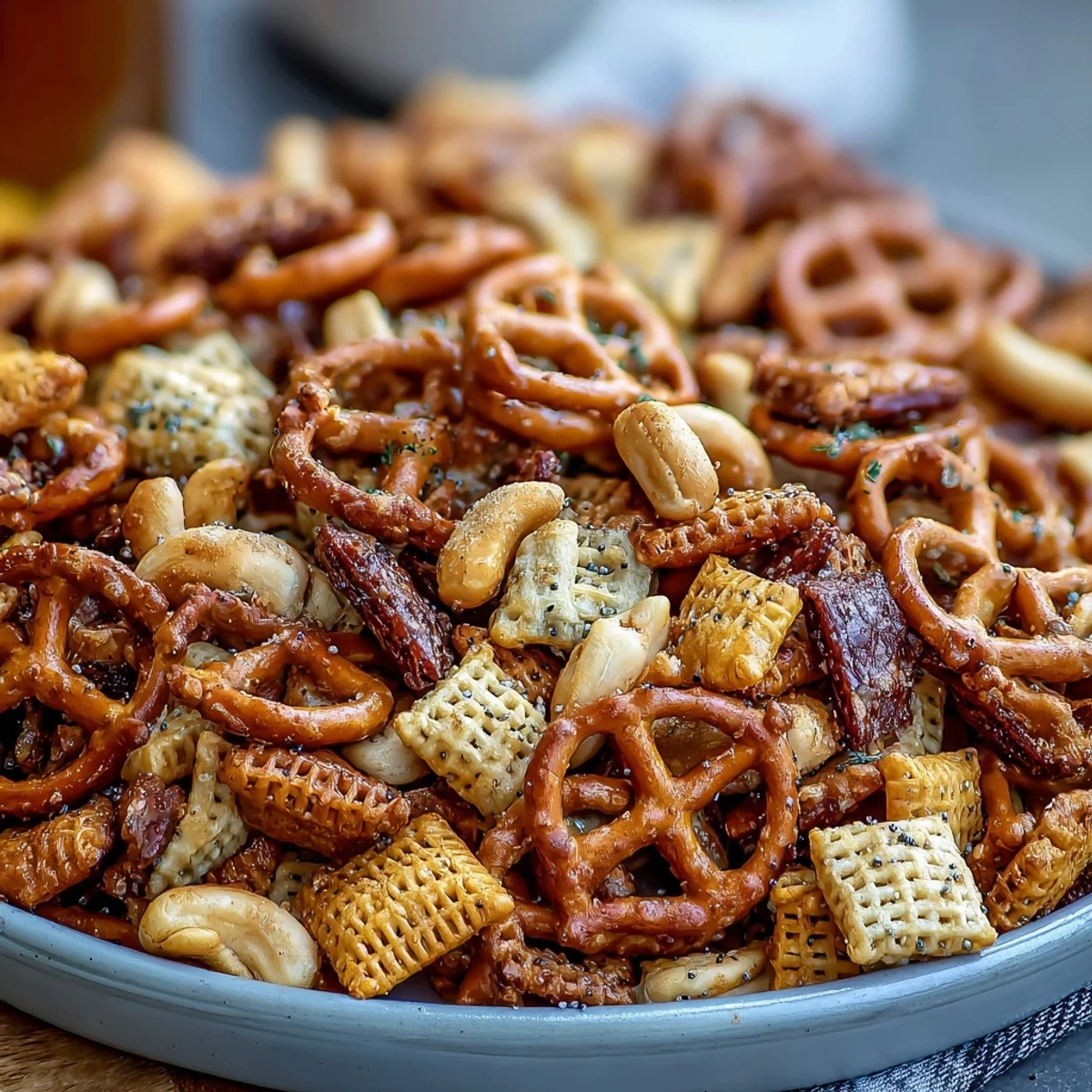 Everything Ranch Cheese and Pretzel Snack Mix cooled on a wire rack, offering a savory blend of ranch and everything seasoning.