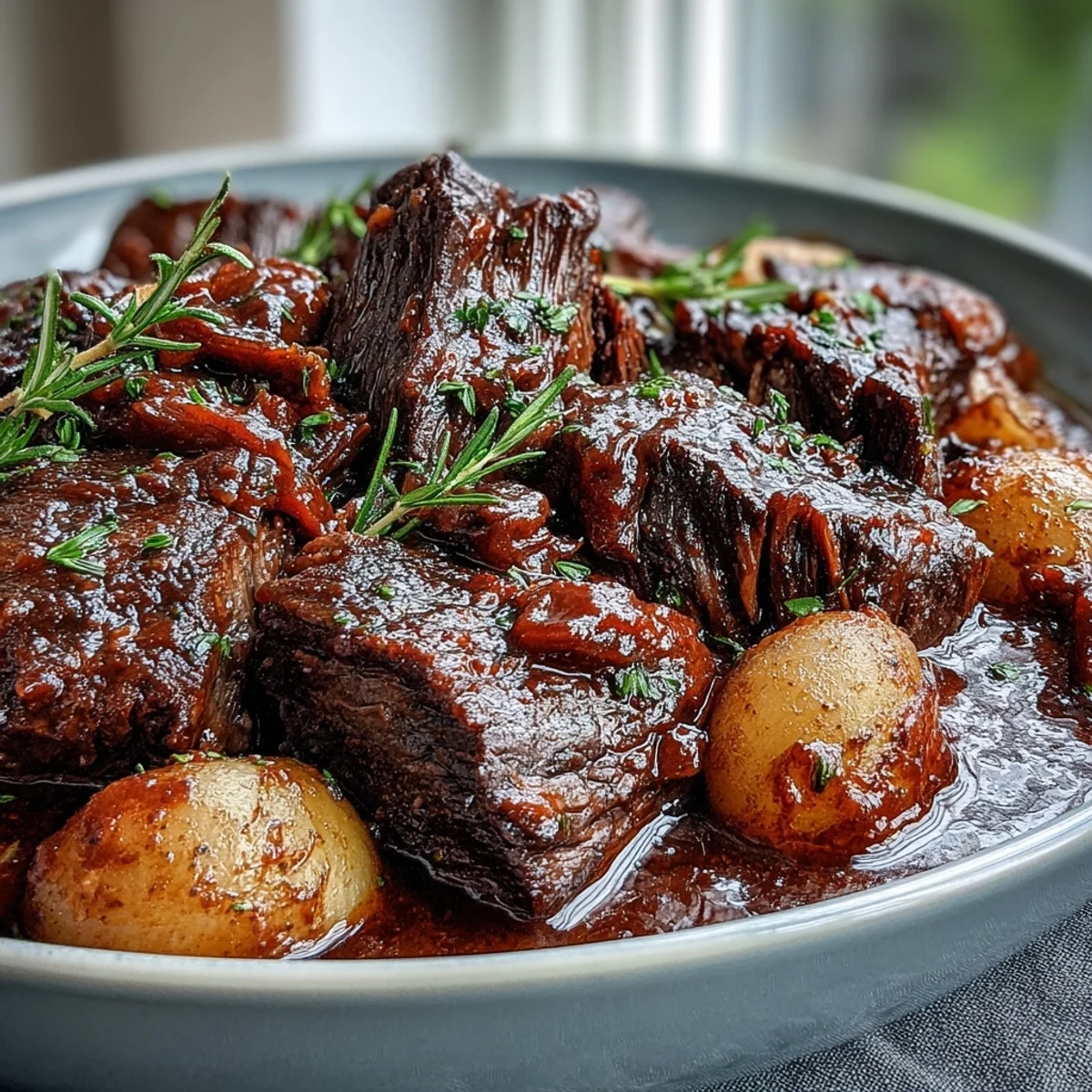 Golden brown beef pot roast sits in a Dutch oven surrounded by tender carrots, celery, and potatoes in a rich gravy.