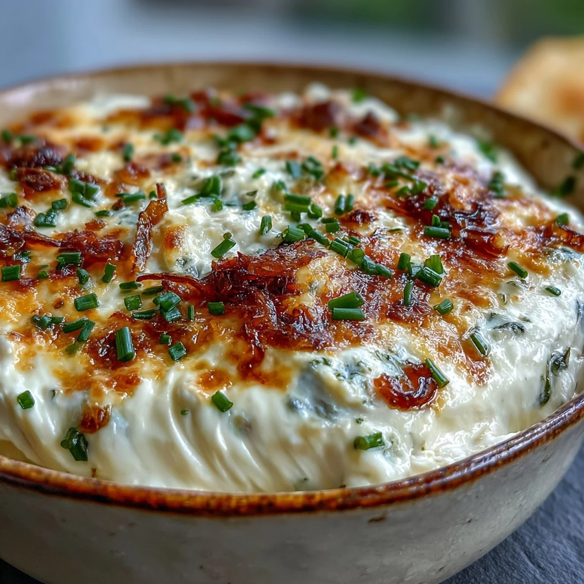 Golden, bubbly smoked Gouda & onion dip bakes in a dish, garnished with fresh chives. Served warm with tortilla chips for a savory party appetizer.