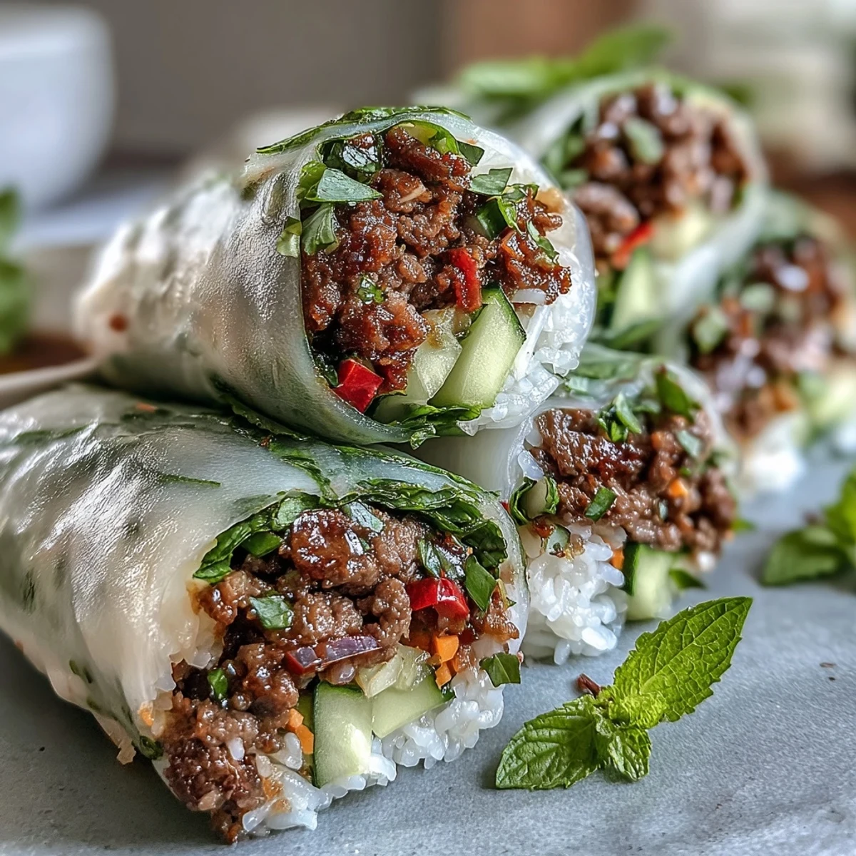 Thai Basil Beef Rolls filled with savory ground beef, crisp veggies, and fresh herbs, wrapped in soft rice paper.