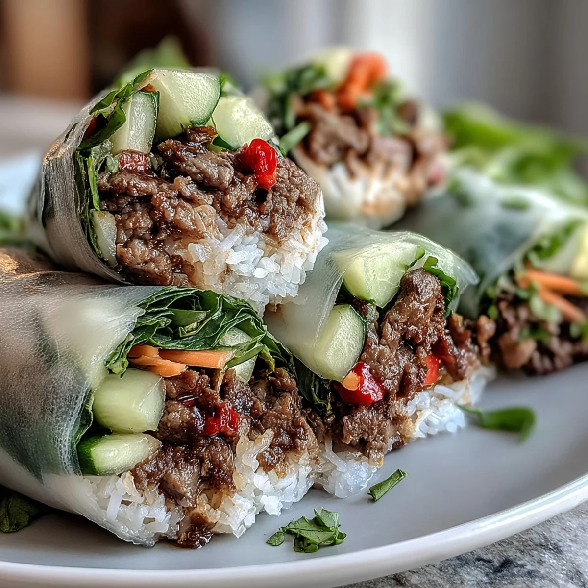 Freshly rolled Thai Basil Beef Rolls served with a spicy dipping sauce on a white plate for lunch.