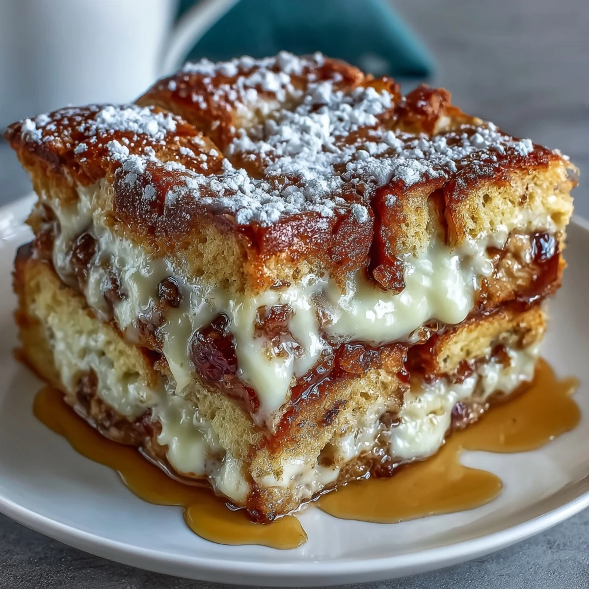Golden-brown Monte Cristo Breakfast Casserole slices topped with powdered sugar and drizzled with maple syrup, served on a white plate.