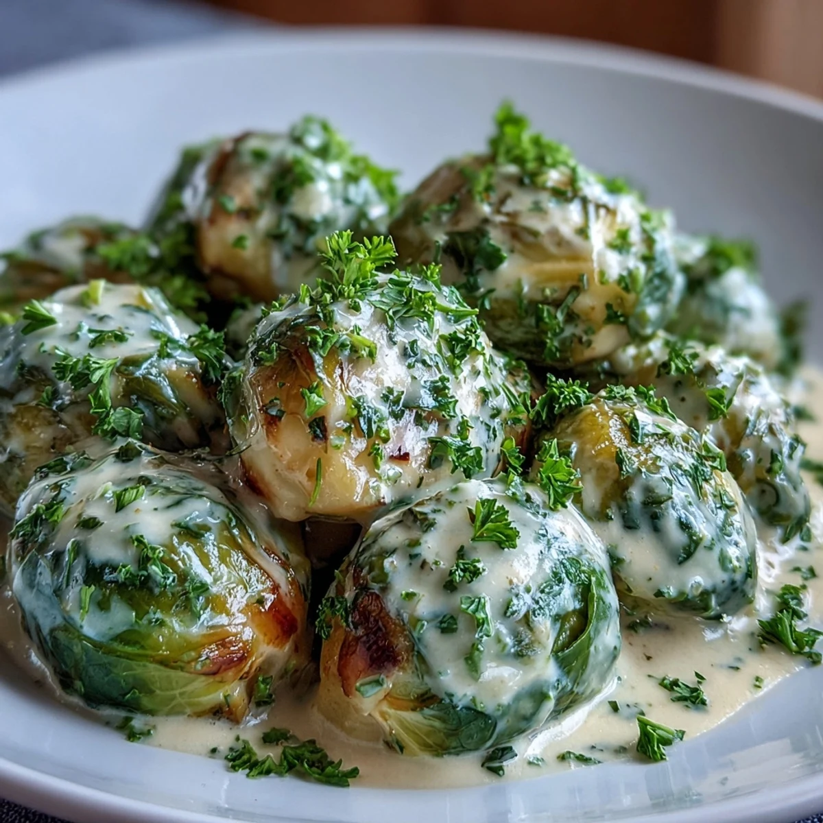 Tender Brussels sprouts coated in creamy Dijon mustard sauce, garnished with fresh parsley for a vegetarian side dish.