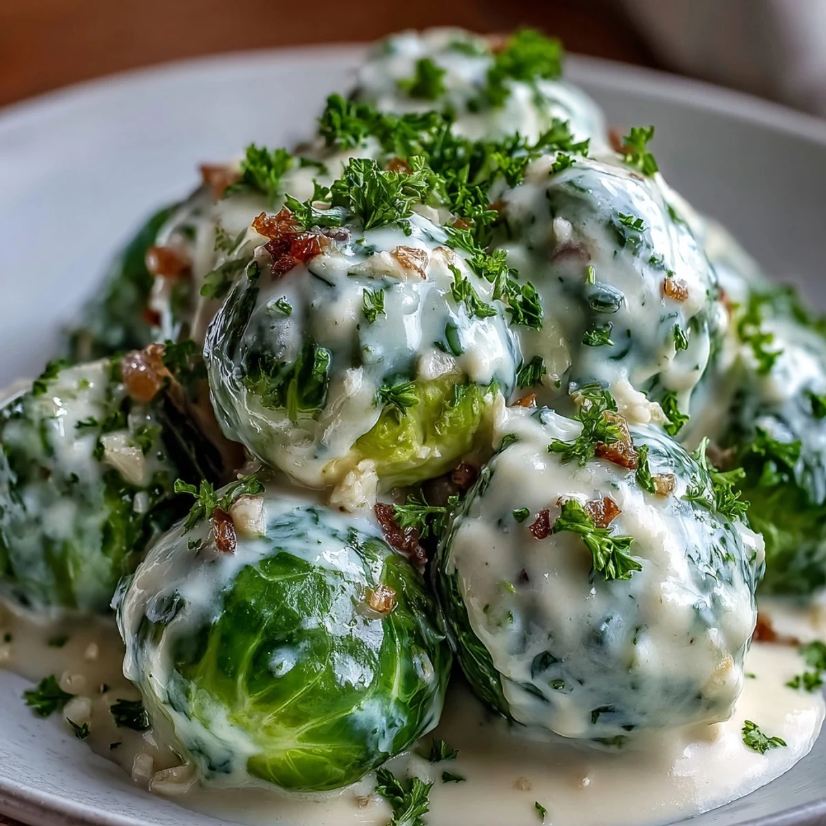 A skillet of Brussels sprouts in creamy mustard sauce, served warm as a comforting vegetarian dinner for four.