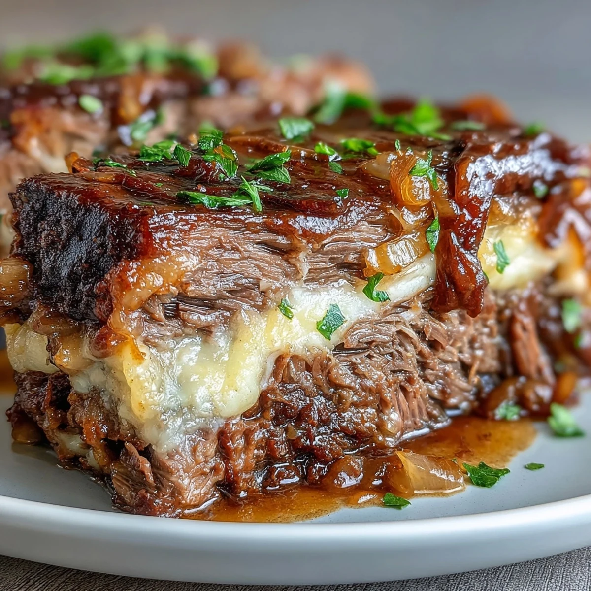 Steaming Savory Crock Pot French Onion Pot Roast with melted Gruyere and fresh parsley.